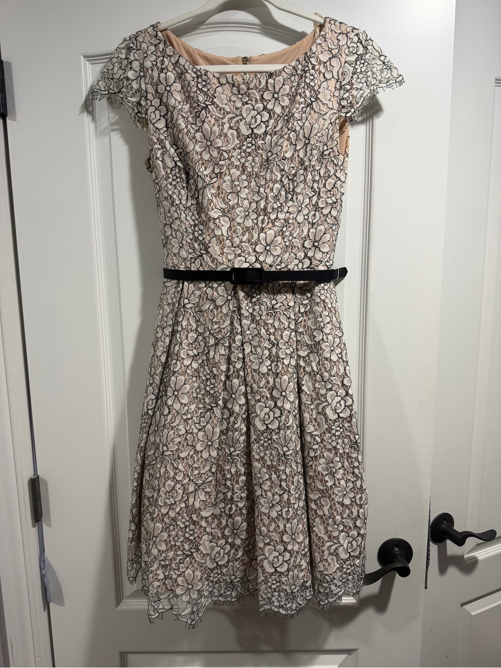 Eliza J Blush Floral Lace Fit-and-Flare Dress with Black Belt